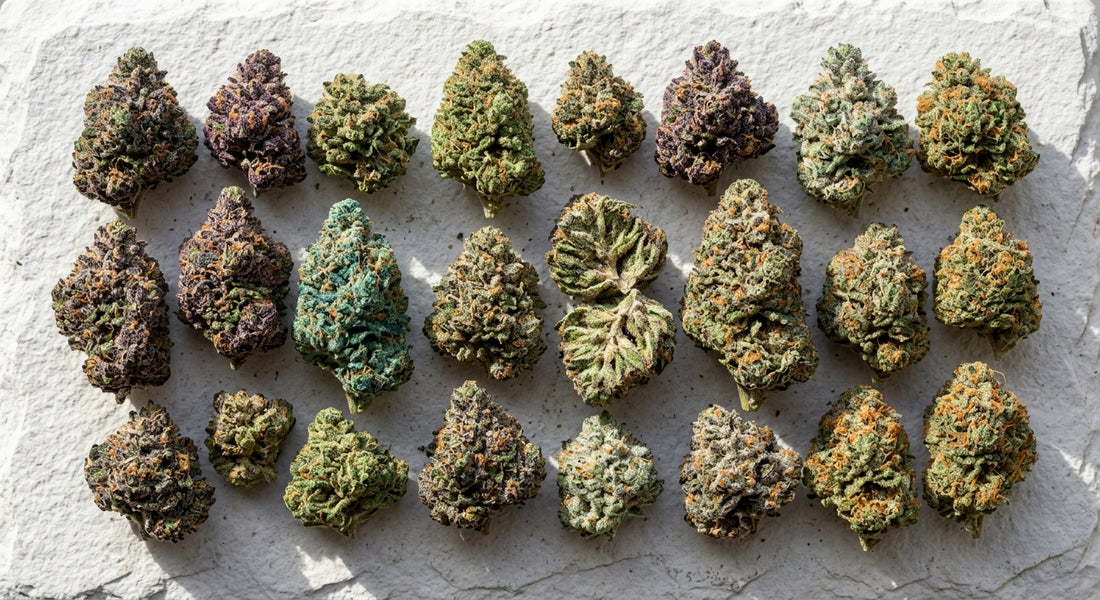 Top THCA flower strains to try in 2026 dense buds flat lay Hurcann