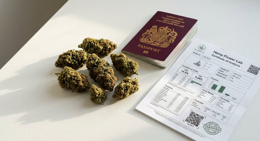CBD hemp flower buds with European passport illustrating cross-border travel hemp legality