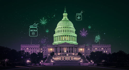 U.S. Capitol surrounded by glowing cannabis and Delta 8 symbols representing legal confusion.