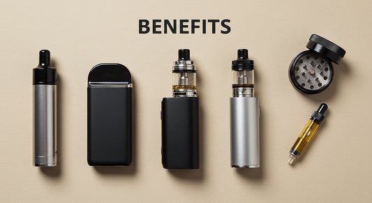 portable vaporizers, vape pod, grinder, cartridge, dry herb vape and oil vape on a paper with Benefits written at the top.
