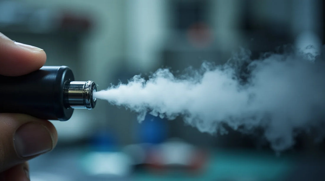 A close-up of a person holding a vape device, releasing a dense stream of vapor. The background is blurred, suggesting a laboratory or manufacturing setting | Hurcann