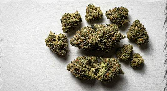 what does CBD bud look like — dense green hemp flower nugs with trichome frosting flat lay