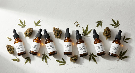 full spectrum hemp oil amber dropper bottles with CBD hemp flower buds flat lay