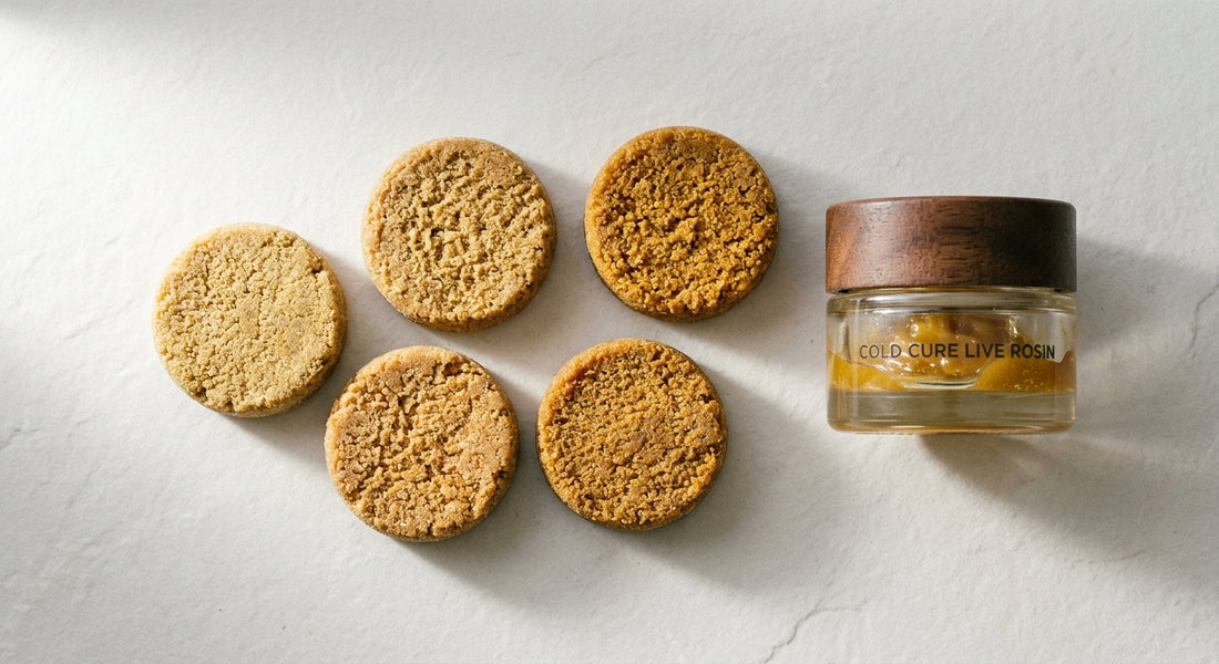 hash animal style THCA bubble hash pucks and rosin jar on white surface Hurcann