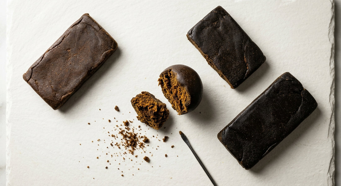 hash cannabis dark brown afghani slab and temple ball broken open showing texture