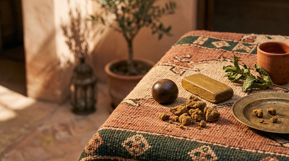 Traditional CBD and CBG hash styles with mint tea on a Moroccan rug