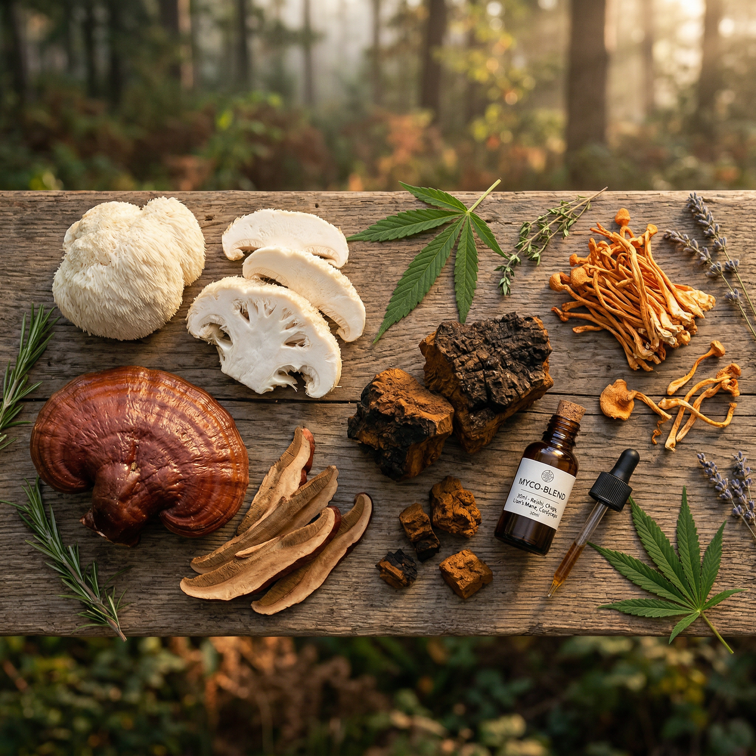 Whole and sliced functional mushrooms including lion's mane, reishi, and chaga arranged on a dark surface with a small amber tincture bottle and hemp leaves, photographed in warm golden light.