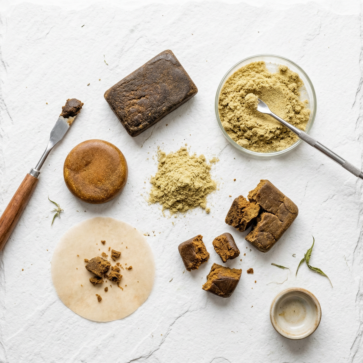 Assorted hemp concentrates including hash and kief arranged on dark stone surface