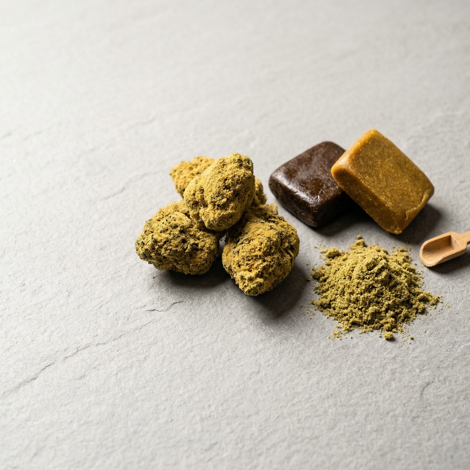 Premium hemp concentrate varieties including hash, kief, and moon rocks displayed on dark slate surface for wholesale sourcing