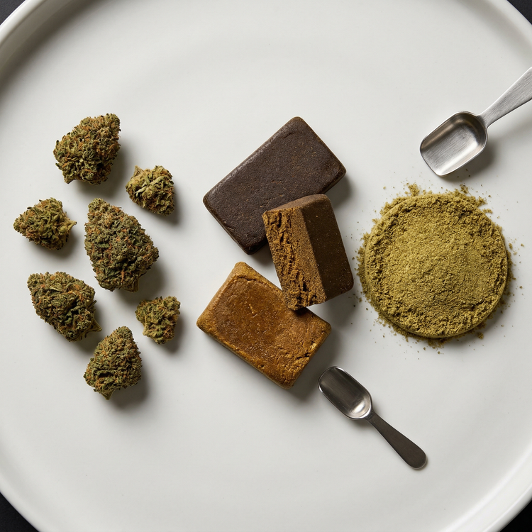 Premium wholesale hemp products including flower, hash, and kief displayed for B2B buyers