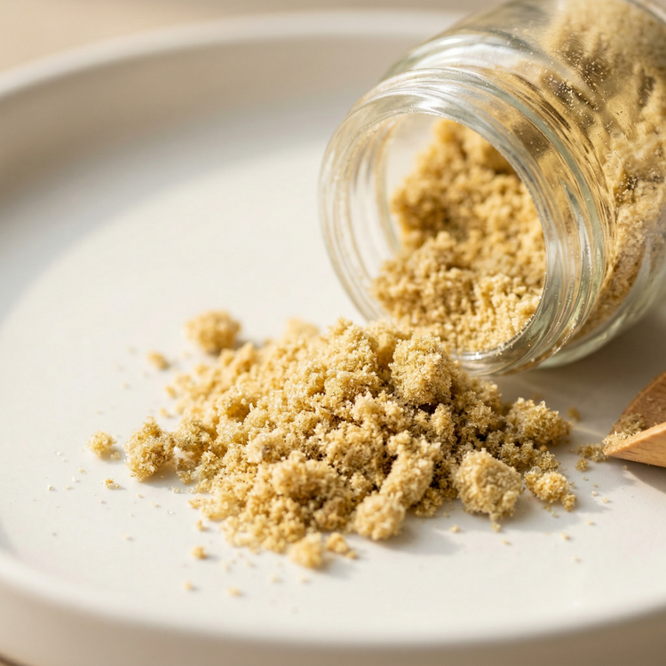 Close-up of golden hemp kief powder pouring from a tipped glass jar, fine crystalline trichome dust on a white surface, wooden scoop visible
