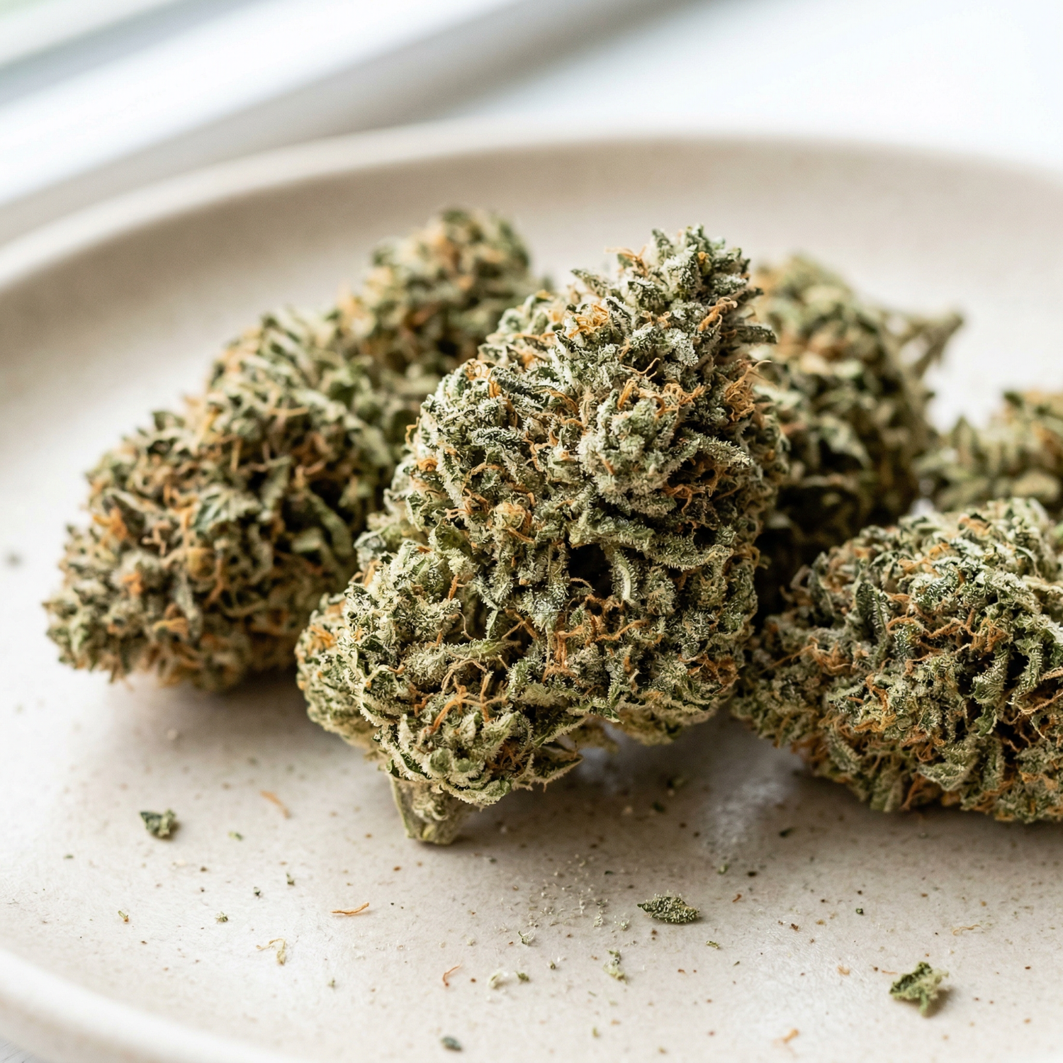 Close-up of premium hemp flower buds showing dense trichome coverage