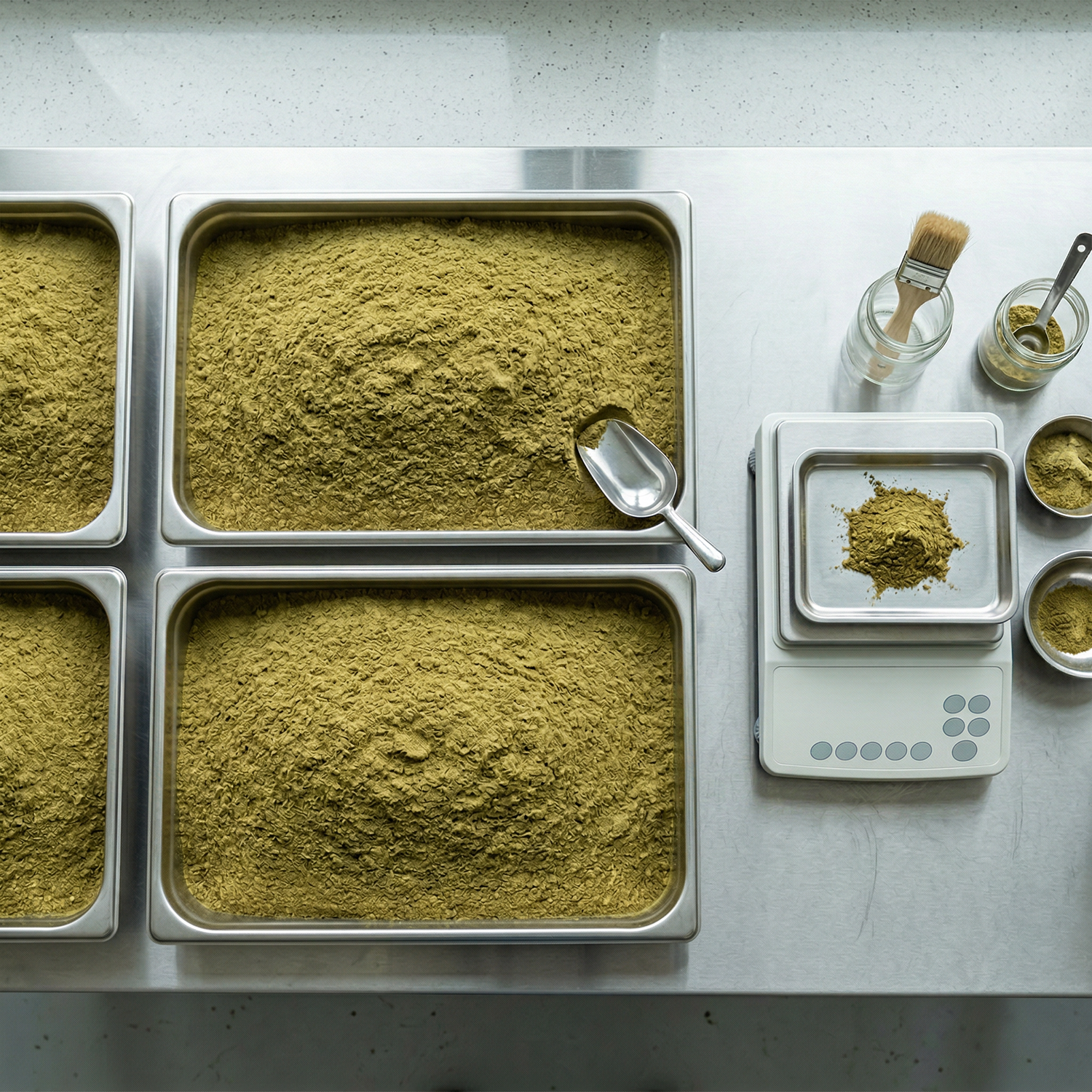Bulk hemp kief powder in large stainless steel trays with metal scoop and precision scale — wholesale hemp kief supplier