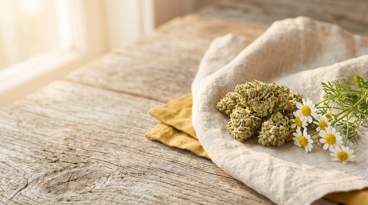 CBG hemp flower buds on linen with chamomile