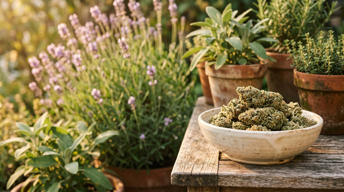 CBD hemp flower in a ceramic bowl in a garden