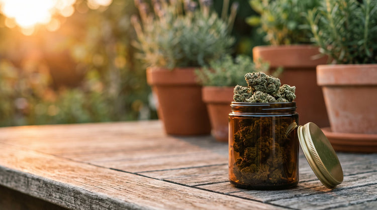 Delta-8 hemp flower in an amber jar at sunset