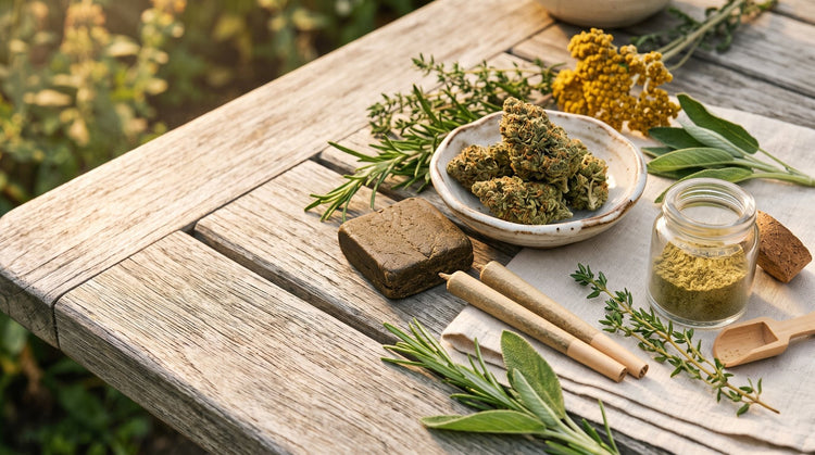 Assortment of hemp flower, hash, pre-rolls and kief