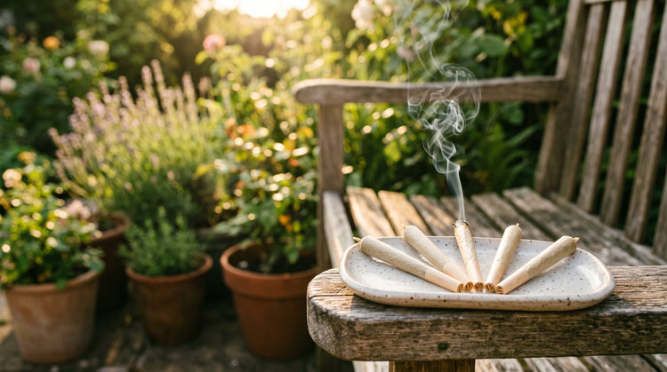Hemp pre-rolls on a ceramic tray in a garden