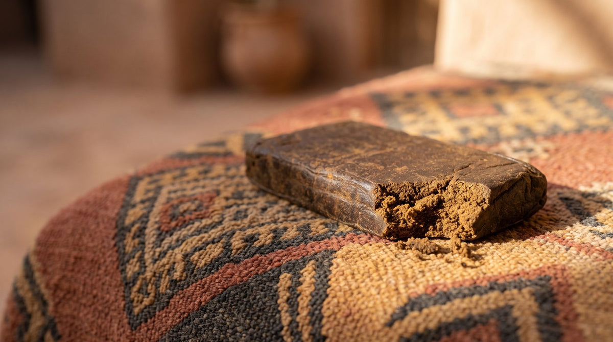 Pressed Moroccan hash bar on a woven rug