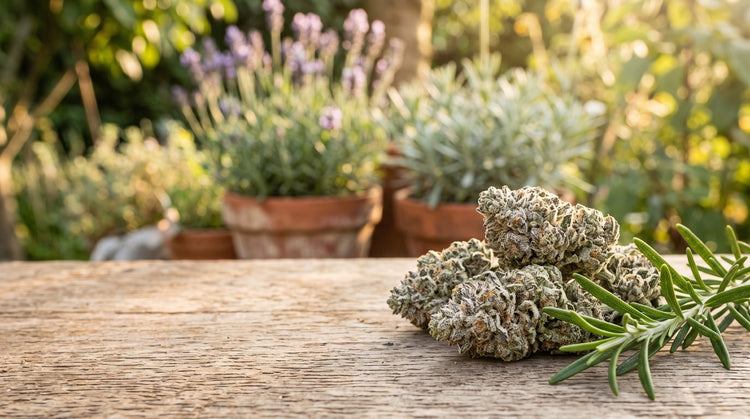 Frosty hemp flower buds with rosemary in a garden