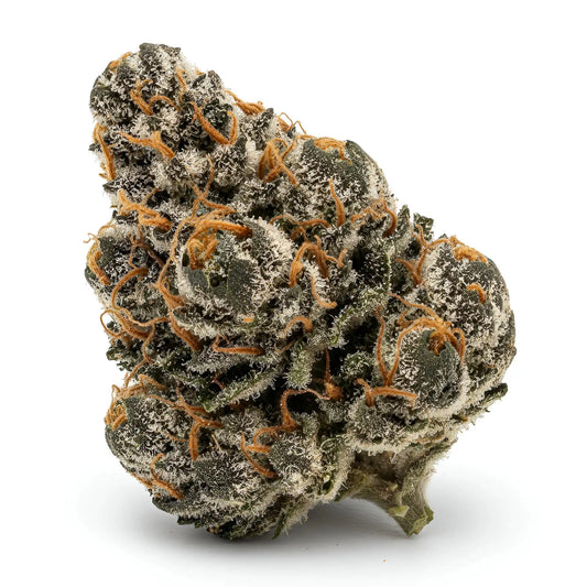 Alternative angle photo of Glitter Bomb THCA hemp flower hybrid AAA grade, showing sparkling bright green and purple buds coated in thick trichomes, 29 percent THCA | Hurcann