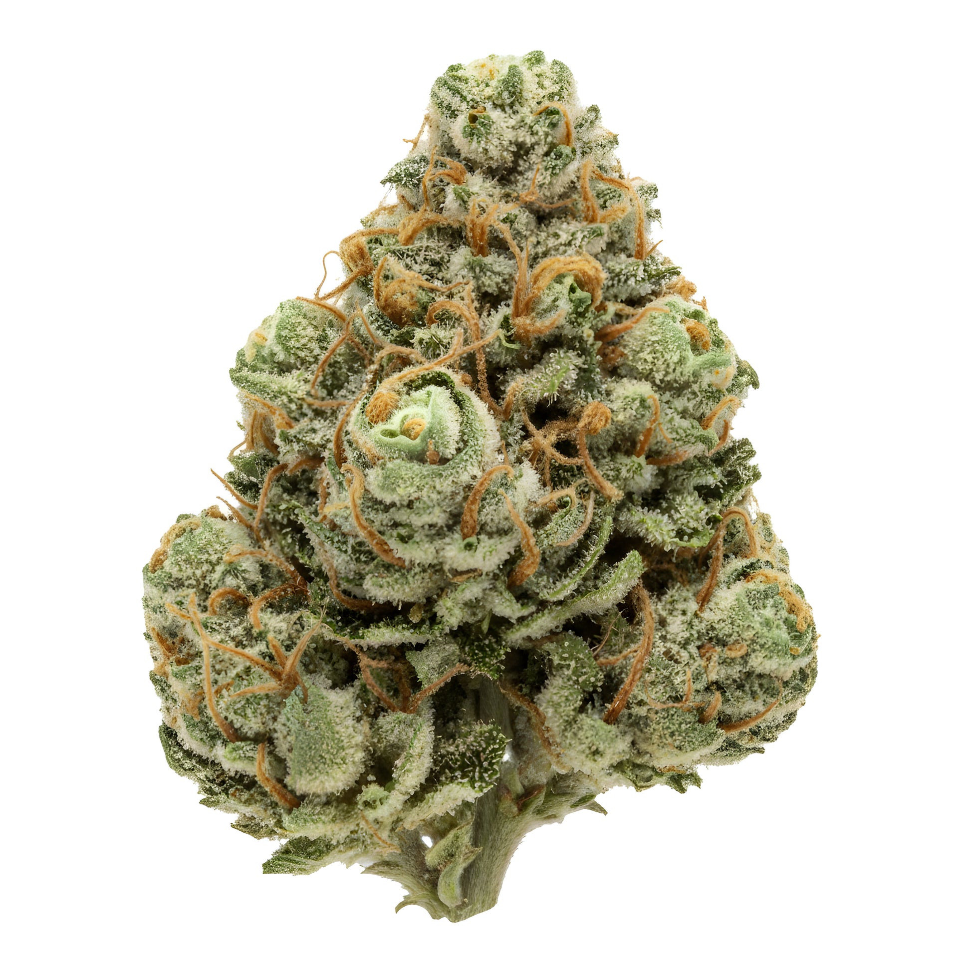 Alternative angle photo of Sour Diesel THCA hemp flower hybrid AA grade, showing light green fluffy buds with orange hairs and frosty trichomes