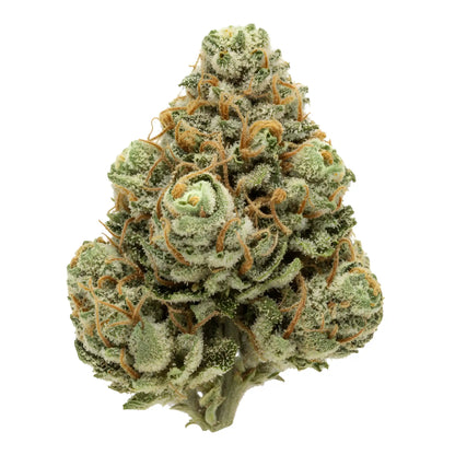 Alternative angle photo of Sour Diesel THCA hemp flower hybrid AA grade, showing light green fluffy buds with orange hairs and frosty trichomes