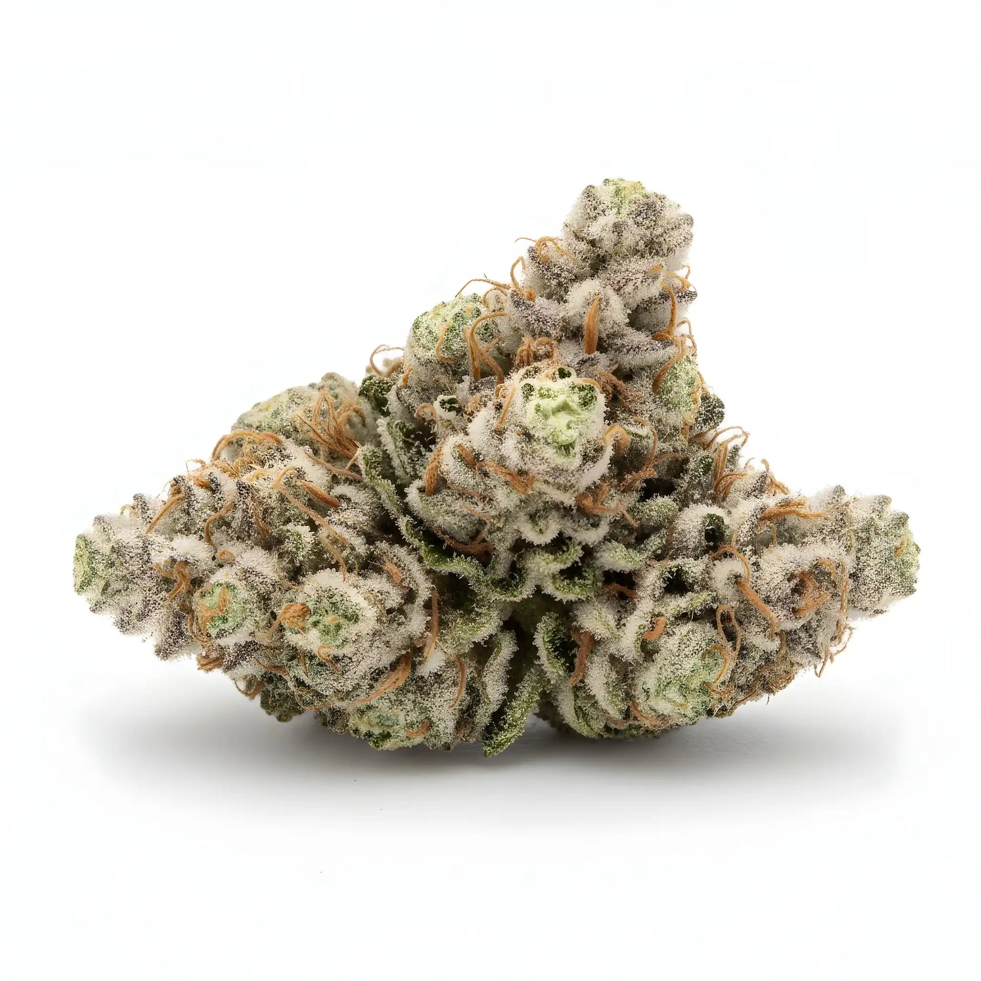 Alternative angle photo of Windu THCA hemp flower hybrid AA grade, showing bright green buds with orange hairs and crystal clear trichomes