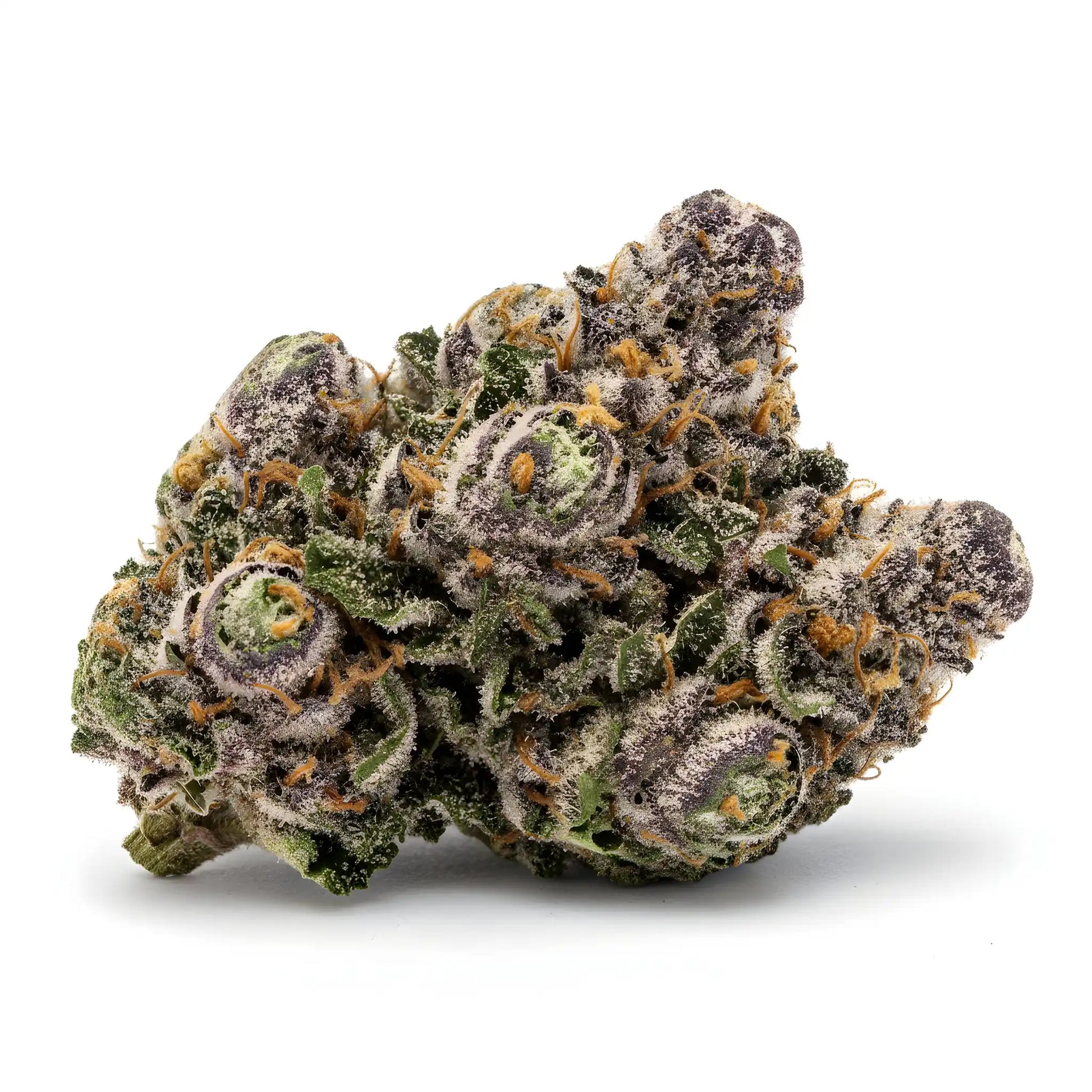 Alternative angle photo of Super Boof THCA hemp flower hybrid AAA grade, showing dense chunky buds with deep purple hues, fiery orange pistils, and heavy trichome coverage