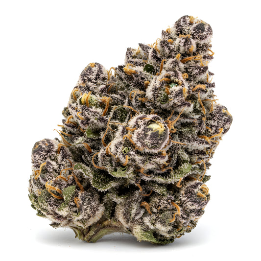 Alternative angle photo of Grape Cherry Gelato THCA hemp flower hybrid AAA grade, showing deep forest green buds with violet streaks, sticky resin, bright orange hairs