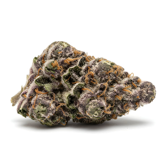 Alternative angle photo of Grape Pie THCA hemp flower indica-dominant AA grade, showing dense dark buds with purple tones and orange pistils