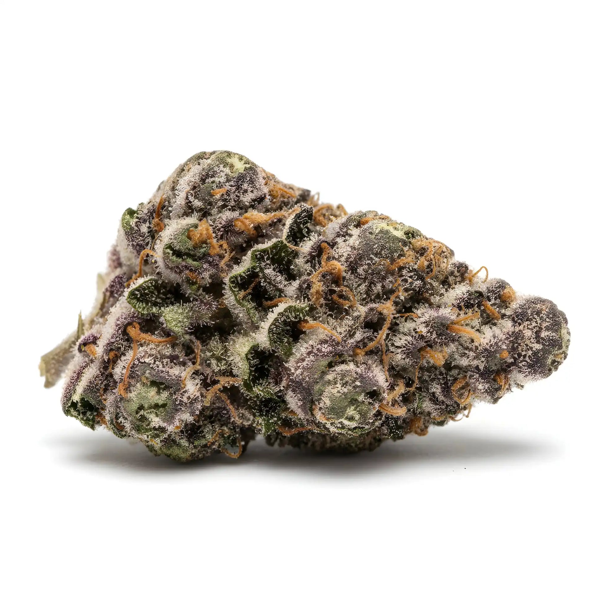 Alternative angle photo of Grape Pie THCA hemp flower indica-dominant AA grade, showing dense dark buds with purple tones and orange pistils | Hurcann
