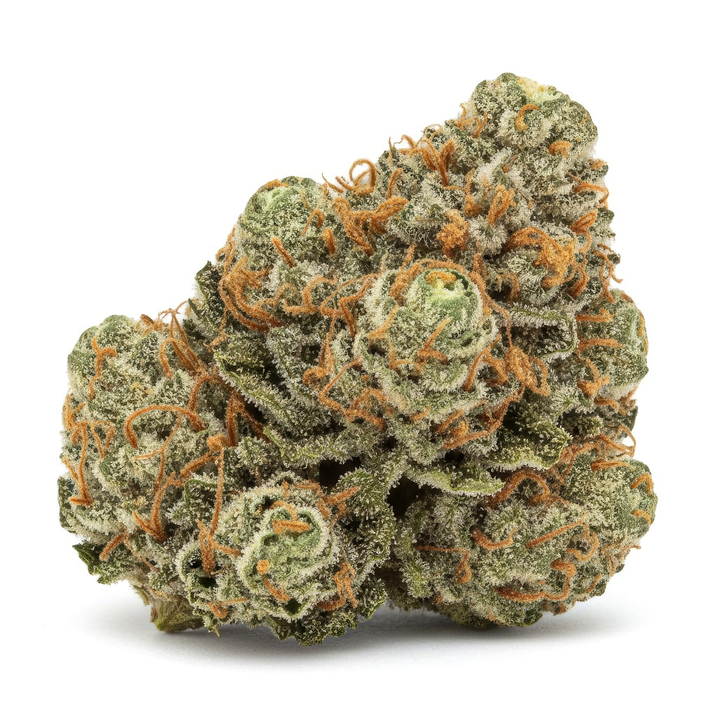 Alternative angle photo of Divinity THCA hemp flower, indica dominant hybrid AAA grade, showing dense frosty buds with sparkling trichomes, olive green and purple hues, 25 percent THCA