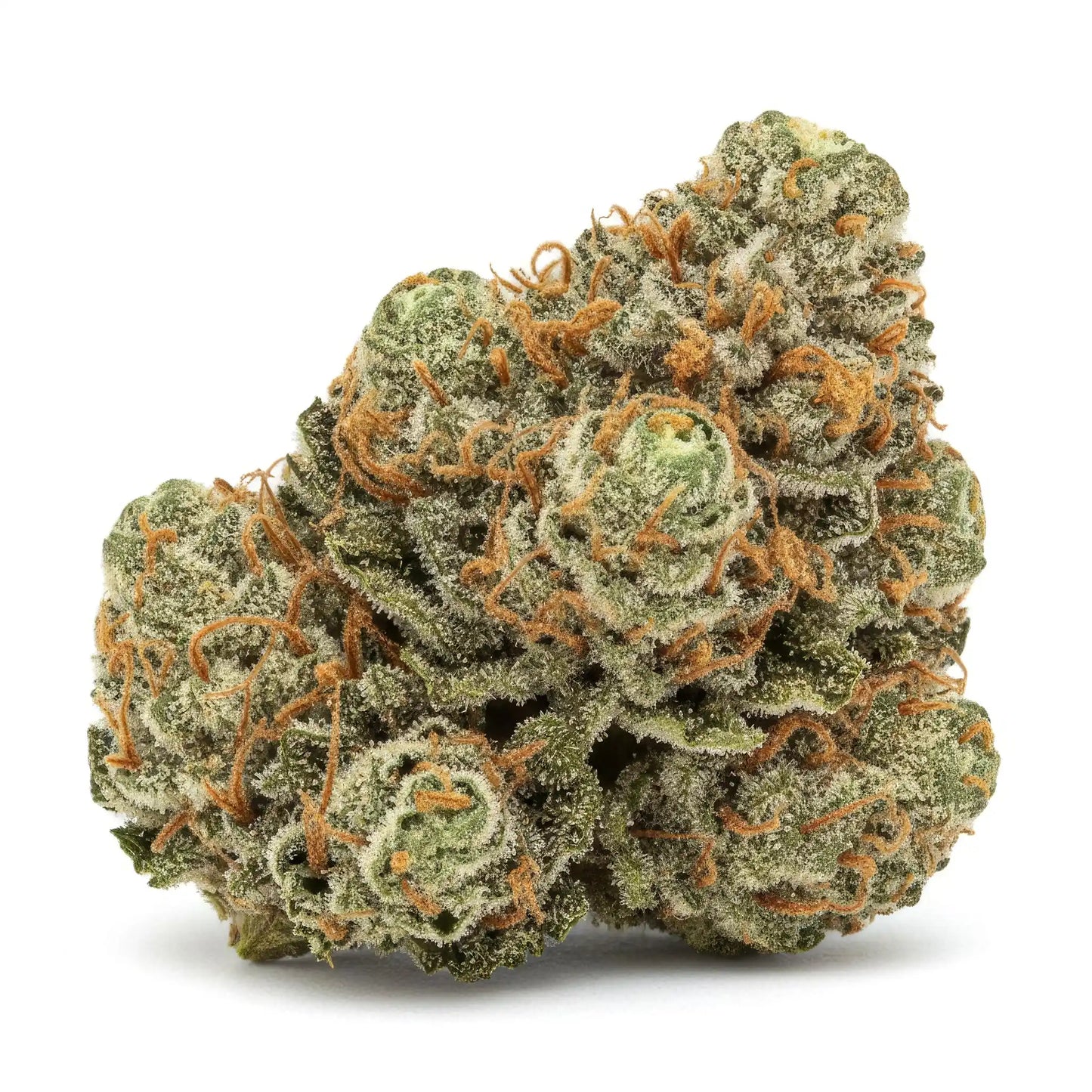 Alternative angle photo of Divinity THCA hemp flower, indica dominant hybrid AAA grade, showing dense frosty buds with sparkling trichomes, olive green and purple hues, 25 percent THCA | Hurcann