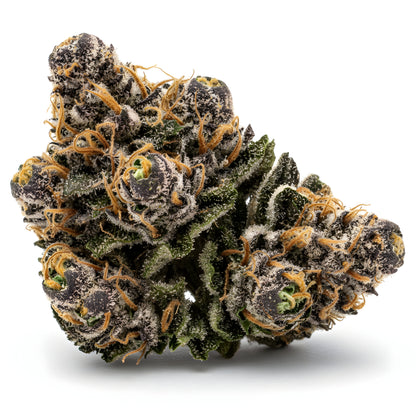 Alternative angle photo of Texas Pound Cake THCA hemp flower indica AAA grade, showing dense purple tinged buds with rich green hues and frosty white trichomes, 32 percent THCA