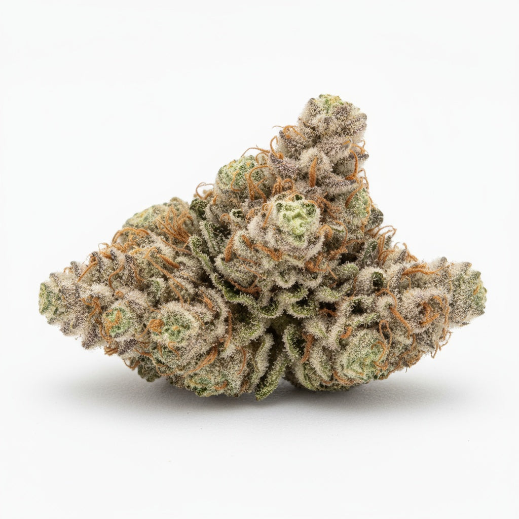 Windu buds display a mix of bright green and orange hues with crystal-clear trichomes