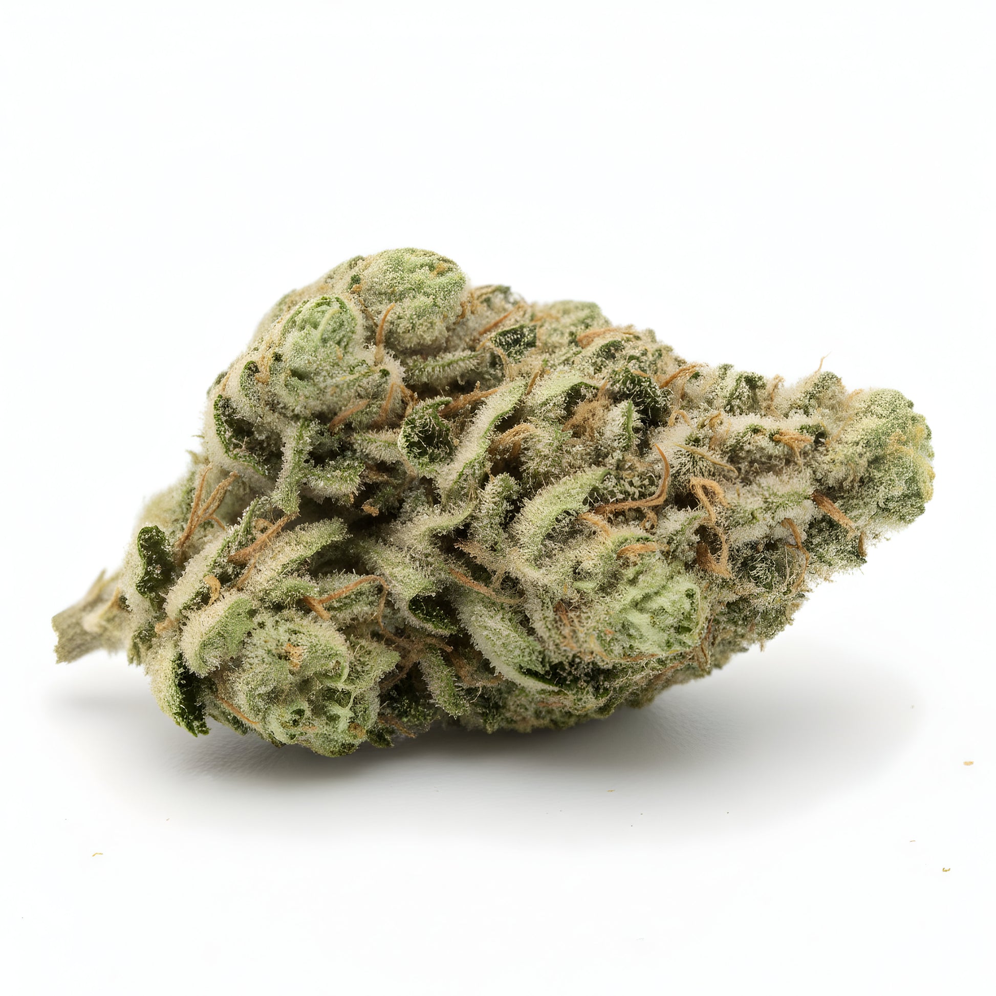 Alternative angle photo of Cream Cake THCA hemp flower indica AA grade, showing dense frosty buds with light green and lavender hues and 26 percent THCA