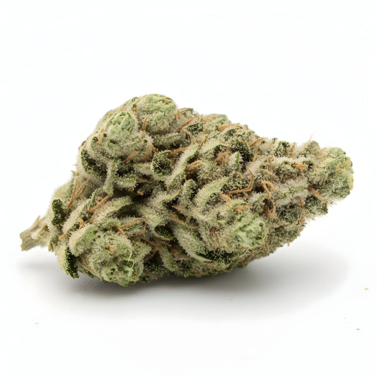 Alternative angle photo of Cream Cake THCA hemp flower indica AA grade, showing dense frosty buds with light green and lavender hues and 26 percent THCA