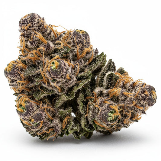 Dense, purple-tinged buds with rich green hues and frosty white trichomes