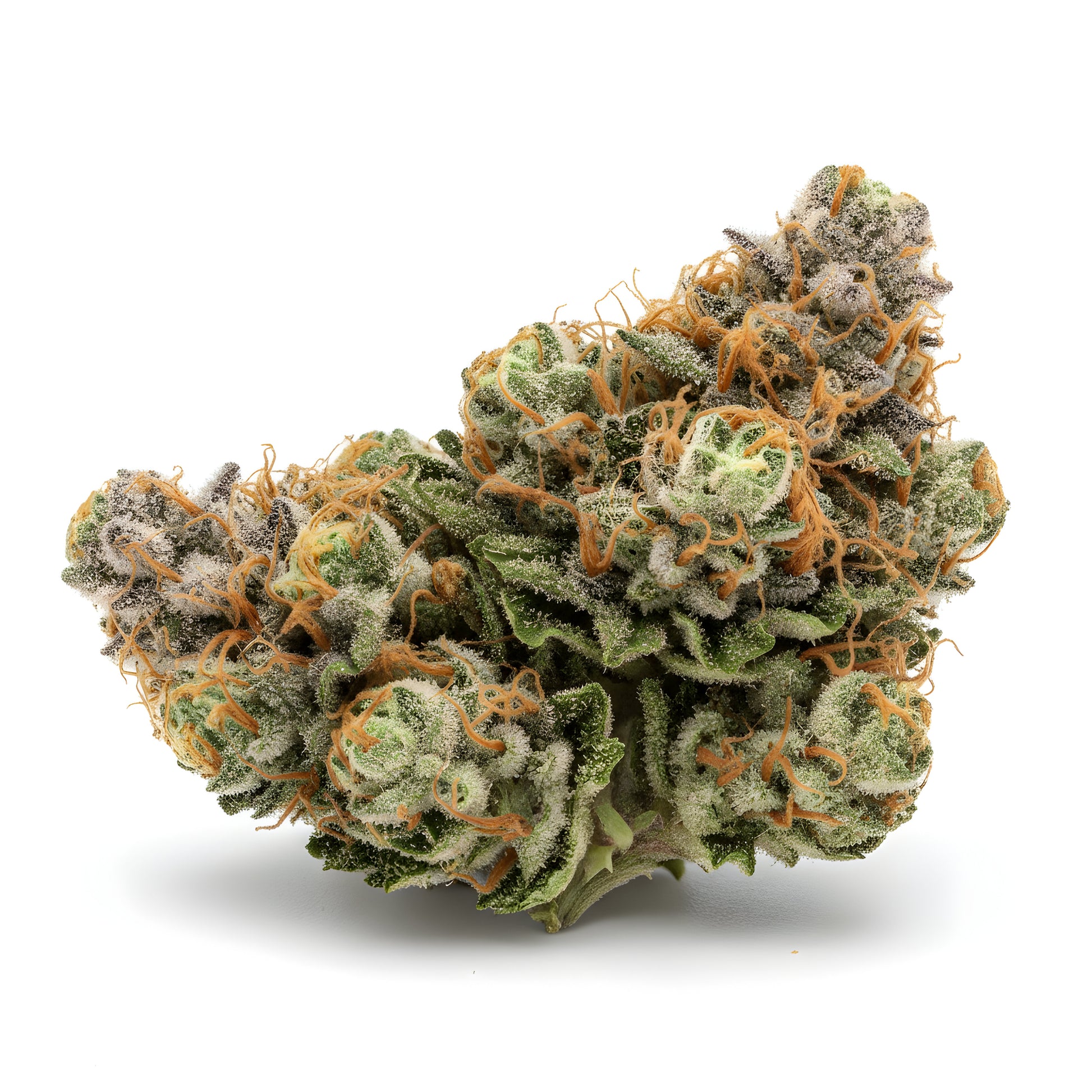 Alternative angle photo of Vanilla Berry THCA hemp flower indica-dominant AA grade, showing dense frosty buds with deep purple and dark green hues