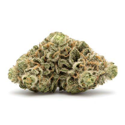 Alternative angle photo of Key Lime Pie THCA hemp flower indica-dominant AA grade, highlighting tight lime-green buds and silvery trichome coverage