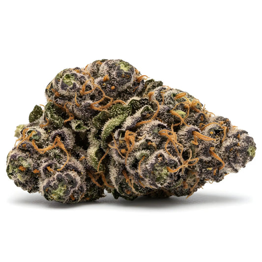 Alternative angle photo of Candy Peaches THCa hemp flower hybrid AAA grade, showing peach toned lime green buds with amber pistils and sugary trichome | Hurcann