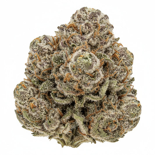 Colorful, eye-catching buds with a prism of green, purple, and orange, coated in a dense trichome layer.