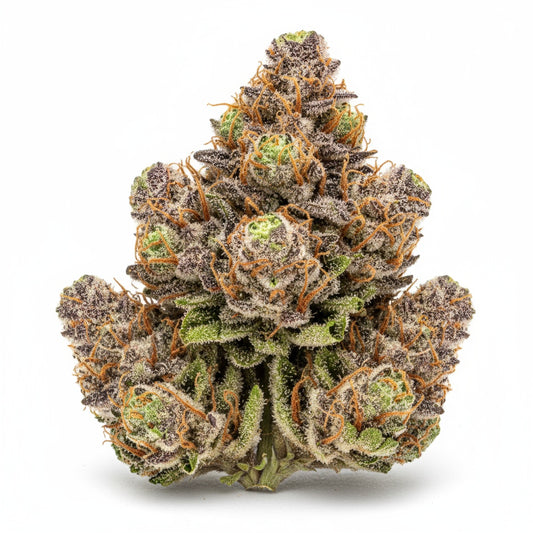 Emerald green buds dusted in shimmering trichomes with fine red pistils throughout