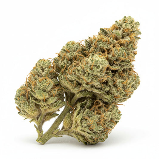 Vibrant yellow-green buds with streaks of orange and a heavy trichome frost