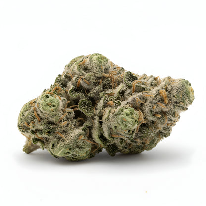 Alternative angle photo of Jokerz THCA hemp flower indica dominant AA grade, showing vibrant purple and green buds coated in dense trichomes, sticky resin texture