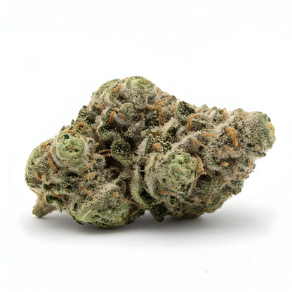 Alternative angle photo of Jokerz THCA hemp flower indica dominant AA grade, showing vibrant purple and green buds coated in dense trichomes, sticky resin texture | Hurcann
