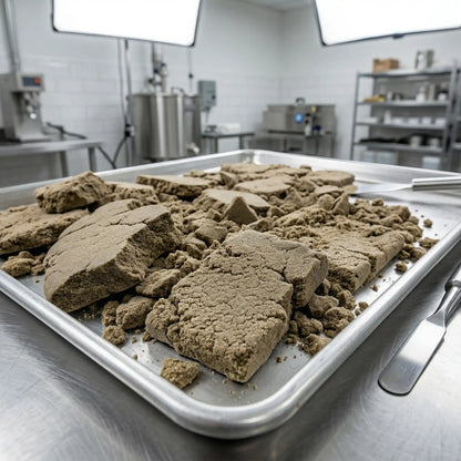 Broken slabs and crumbled pieces of THCA bubble hash spread across a stainless steel sheet tray in a clean commercial processing facility