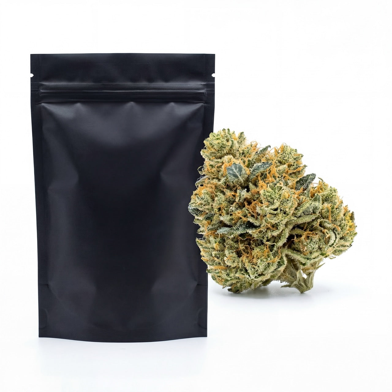 Blue Dream CBD flower displayed alongside protective packaging used for storage and transport. This packaging helps preserve freshness, aroma and product integrity.