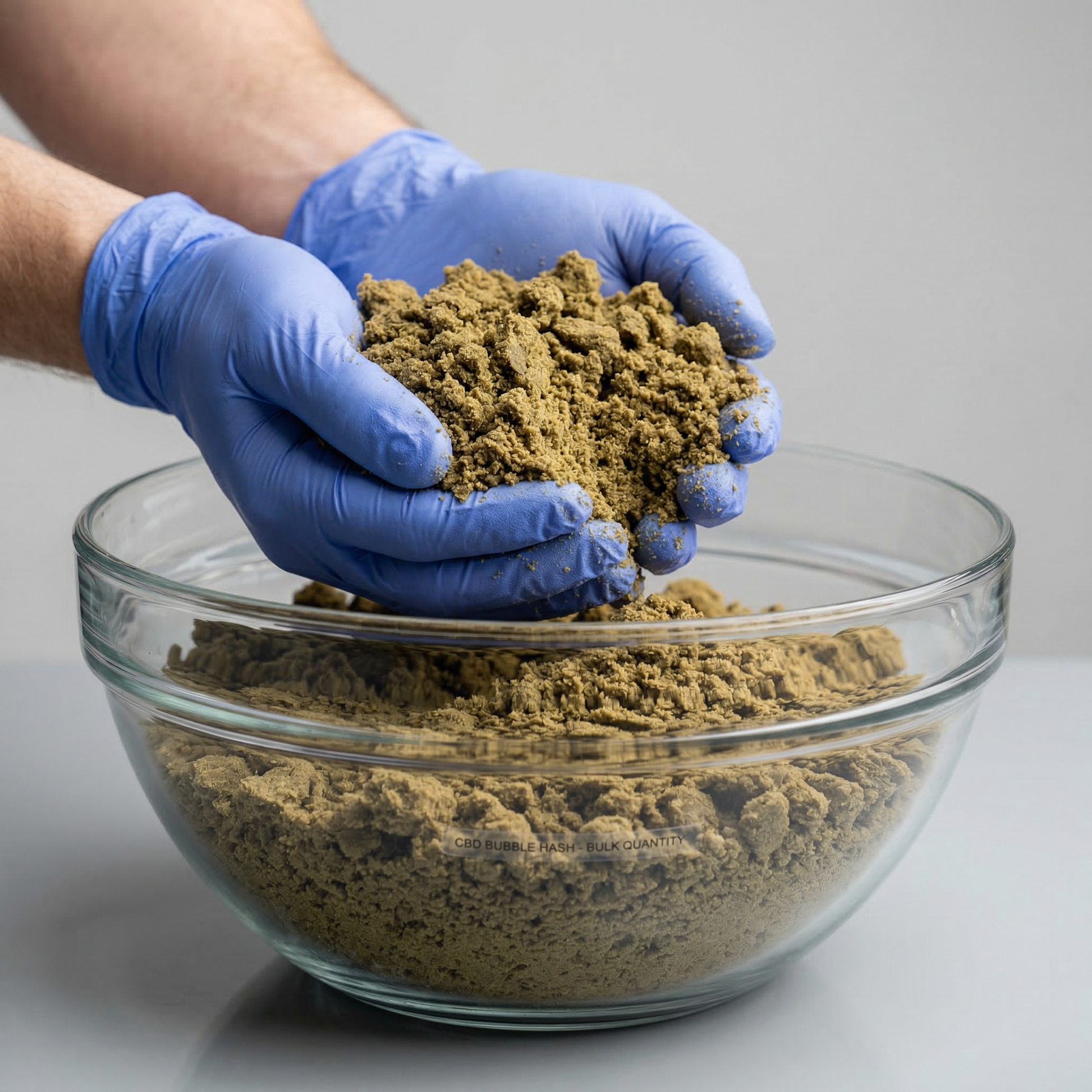 Blue-gloved hands scooping a double handful of crumbled CBD bubble hash from a large glass bowl filled with bulk product, olive-brown granular texture, light gray background
